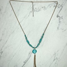 Faux Turquoise Beaded Slab Tassel Pendant Gold Tone Necklace - £5.53 GBP
