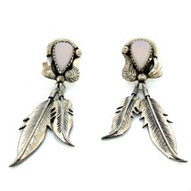 Vtg Sterling Southwest Native American Inlay MOP Feather Dangle Pierced Earrings - £59.34 GBP