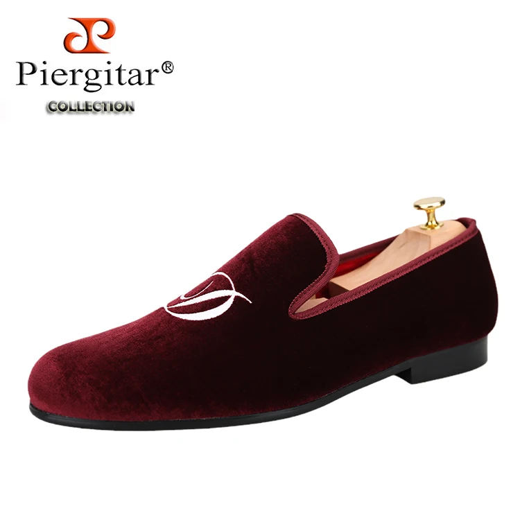 Burgundy Velvet Men&#39;s Loafers With Initials Embroidery British Style Cla... - $231.74