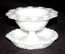 Anchor Hocking Milk Glass Pedestal Lace Edged Bowl with Dish (Pyrex) - $17.82