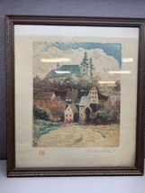 Antique Framed Engraving European Town Signed and Stamped by Artist &quot;RS&quot; - £43.52 GBP