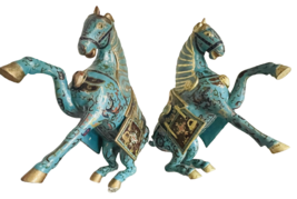Tang Horse Pair Chinese Cloisonne Gilt Hand Painted Vintage Teak Figurin... - £974.83 GBP