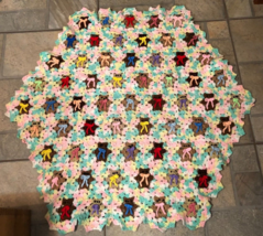 An item in the Baby category: HANDMADE Crocheted Teddy Bear Pink Blue and Yellow Baby Blanket