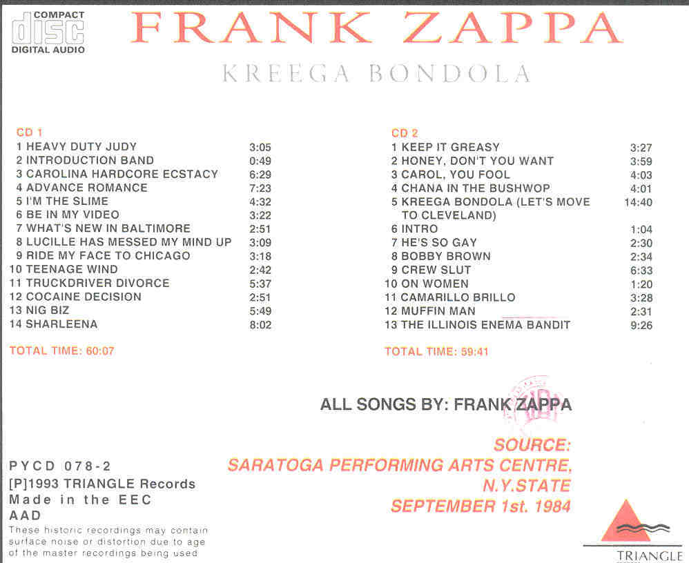 Frank Zappa - Kreega Bondola ( 2 CD SET ) ( Triangle ) ( Saratoga ...