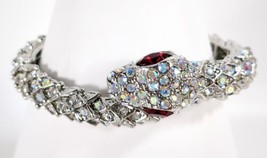 Crystal Wrap Snake Silver Bangle Bracelet Red Eyes Rhinestones Flexible 7&quot; Wrist - £22.74 GBP