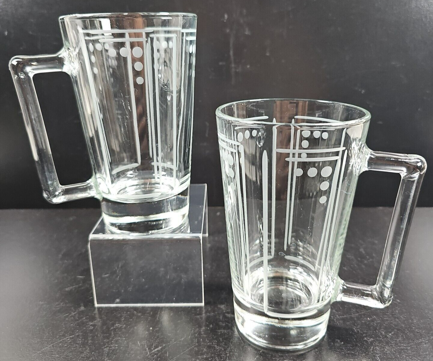 Primary image for 2 Princess House Aston 16 Oz Beer Mugs Set Clear Frosted Etched Dots Squares Lot