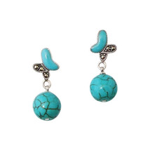 Cute Butterfly Marcasite Turquoise Ball .925 Silver Earrings - $17.81