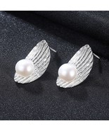 S925 Silver Leaf Stud Earrings Silver Freshwater Pearl Leaf High-End Wom... - £31.45 GBP