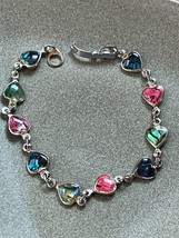 Faux Blue Green &amp; Pink Abalone Small Silvertone Heart Link Bracelet – 7.... - £8.85 GBP