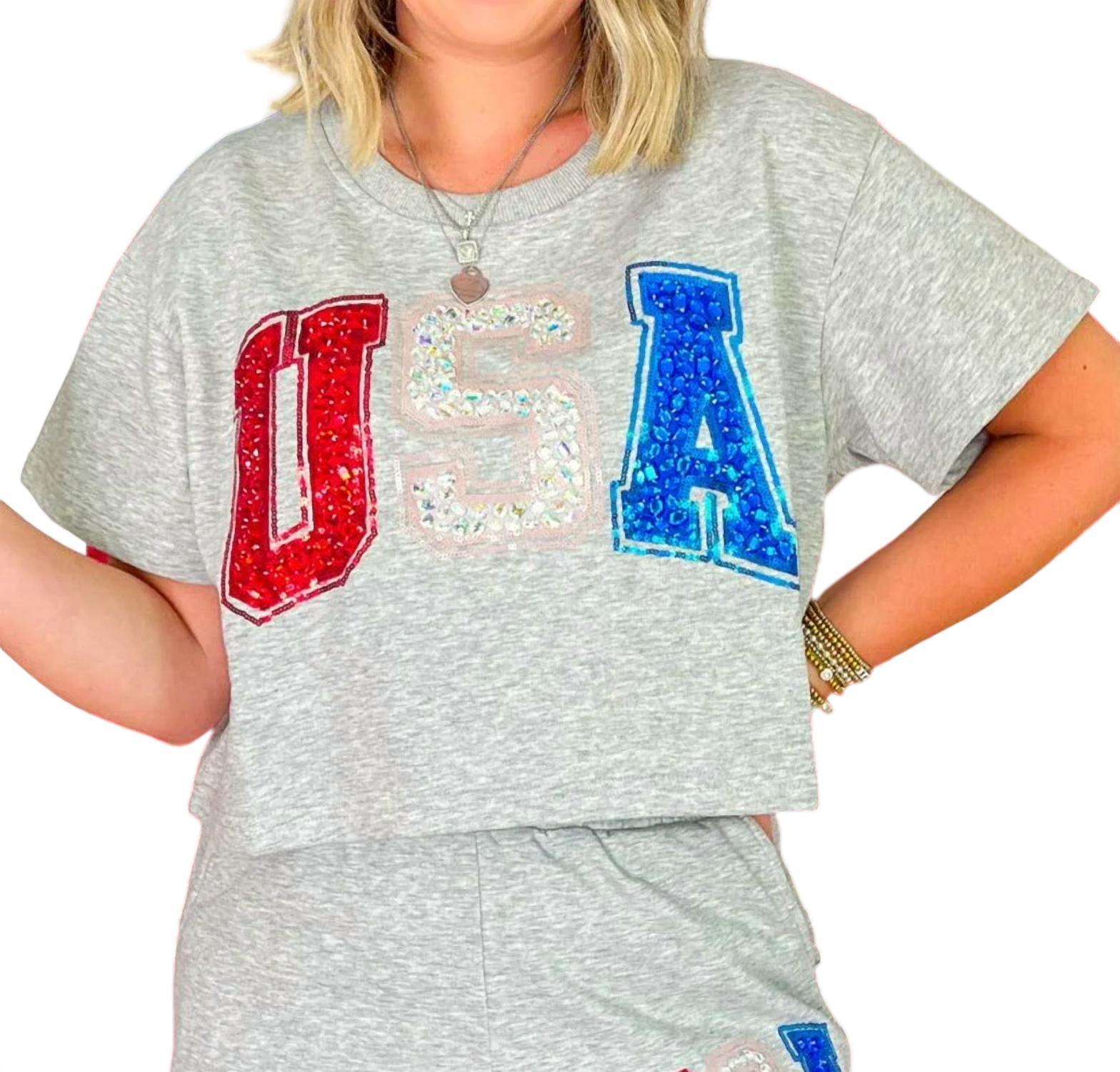 Queen Of Sparkles beaded usa top in Grey