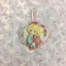 Precious Moments Heart Shaped Small Ornament w Blonde Girl Bird Flowers Vtg 1996 - £8.16 GBP