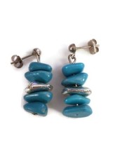 Sky Blue Silver Tone Stacked Pebble Disc Dangle Earrings - £14.55 GBP