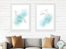 Minimalist One Line Art, Set of 2 Dolphin Drawings, Printable Wall Art B... - $5.49