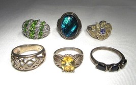 Vintage Sterling Silver Rings Lot of 6 Rhinestone Abalone C3399 - £98.92 GBP