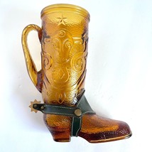 Vintage Large Amber Glass Cowboy Boot Mug with Spurs Leather MCM Bull Ho... - £38.57 GBP