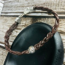 Double Braided Brown Leather Cord Silver Button Clasp Bracelet Large - $29.99