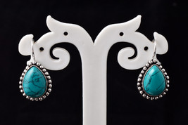 Rhodium Polished Handcrafted Pear Turquoise Birthstone Dangle Earrings Women - £21.76 GBP