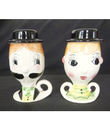 Vintage Ceramic Novelty MIJ Set of 2 Cups Mugs with Lids Man Woman Mom Dad - £19.59 GBP
