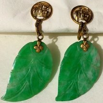 VINTAGE CHINESE CARVED JADE LEAF 14K GOLD FILIGREE DROP EARRINGS - $536.29