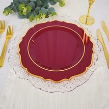10 Burgundy 10.5&quot;&quot; Round Plastic Dinner Plates Gold Scalloped Rim Events Wedding - £11.09 GBP