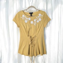 INC International Concepts Floral Embroidered Corset Lace-Up T-Shirt Yellow Med - £14.00 GBP