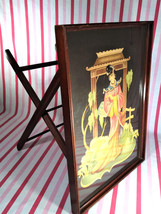 Gorgeous 1950&#39;s Glass Top Wooden Folding Tray Table w/ Asian Geisha Girl... - $225.00