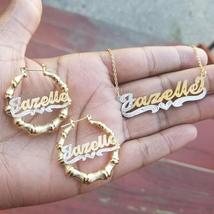 Personalized 14k Gold Overlay Name hoop Earrings Bamboo and chain set 2 ... - $49.99