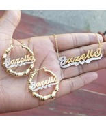 Personalized 14k Gold Overlay Name hoop Earrings Bamboo and chain set 2 ... - $49.99