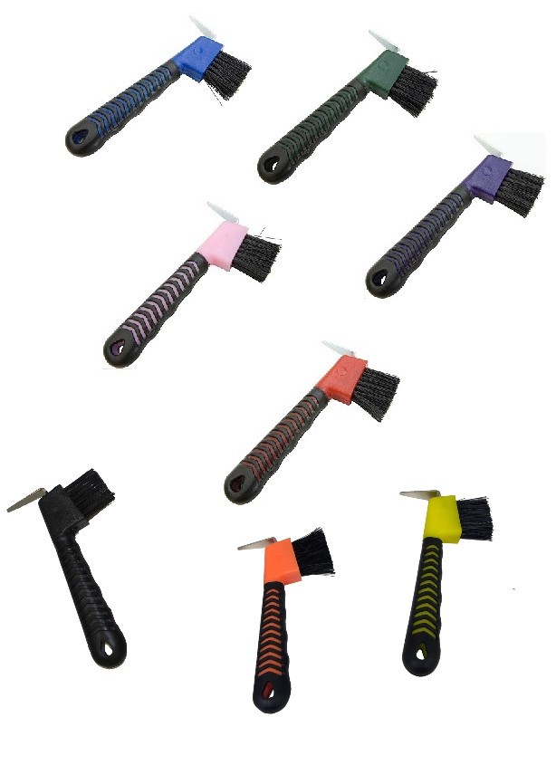 Hoof Pick with Brush and Rubber Grip Choice - Blue Green Orange Pink Purple Red