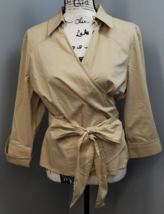 East 5th Wrap Top Womens Petite 16 Brown Cotton Bow Waist Long Sleeve Collared - $23.12