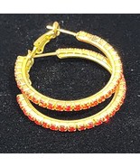 Red Crystal Rhinestone Studded Earrings Gold Tone Hoop Omega Closure Val... - $20.35 CAD