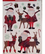 Vinyl Static Window Clings Merry Christmas Plaid Santa Claus Reindeer - £6.69 GBP