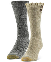 GOLD TOE Womens Cable Knit Crew Socks 2 Pair Pack Oatmeal &amp; Grey $18 - NWT - £7.04 GBP
