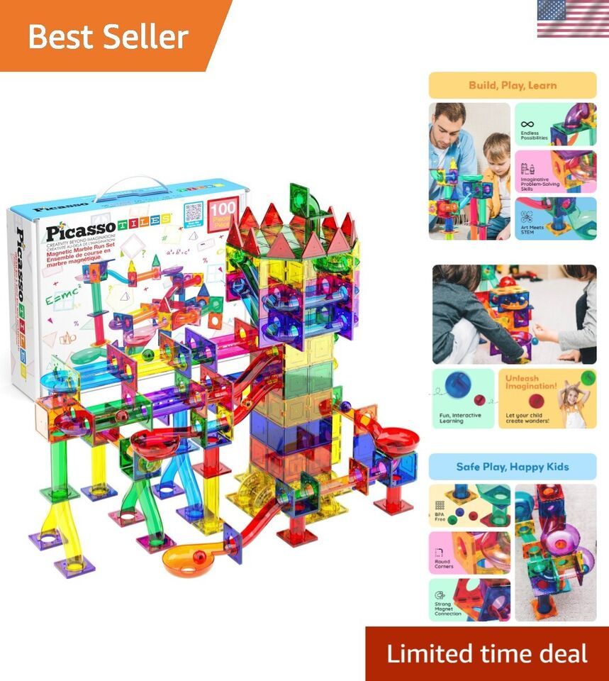 STEM Learning Marble Run With 100 Magnetic Tiles - Educational Playset - £55.06 GBP