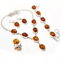 Yellow Amber Oval Shape Gemstone Handmade Ethnic Necklace Set Jewelry 18&quot; SA 819 - £10.38 GBP