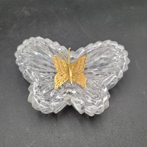 Vintage Lefton Brass Butterfly Clear Glass Trinket Jewelry Vanity Dish - £7.77 GBP