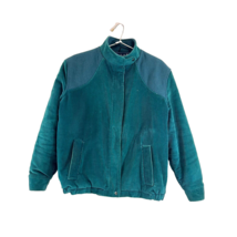 Vintage Corduroy Bomber Jacket Teal Blue Womens w/ Elbow Patch 1980s 90s Duffel - £46.25 GBP