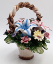 Vtg Italian Capodimonte Handpainted Basket Of Lilies Roses Daisies Bouquet 9&quot;x9&quot; - £26.46 GBP