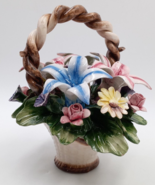 Vtg Italian Capodimonte Handpainted Basket Of Lilies Roses Daisies Bouqu... - £26.03 GBP