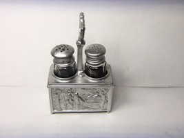 VINTAGE GLASS SALT &amp; PEPPER SHAKERS w CAST METAL DECORATIVE STAND - $19.75