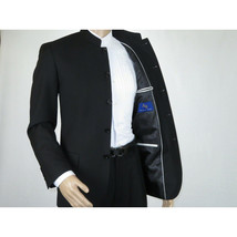 Men Apollo King Banded Collarless suit Mandarin 5 Button Wide leg M5-1 Black image 7