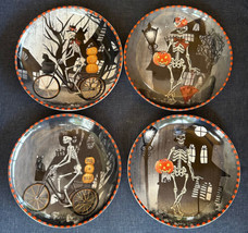 222 Fifth Halloween Ceramic Skeletons 8” Plates Set Of 4 New Bicycles Pumpkins - £47.14 GBP