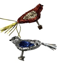 Set 2 Vtg Clip On Sequin Bird Christmas Ornaments Christmas Red Silver Springs - $17.75