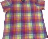 Lands End Short Sleeve Blouse Womens Medium Check Colorful 100% Linen Bu... - $22.76