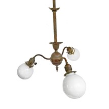 Antique Early Electric Three Light Chandelier Opal Globes Rewired Brass - £386.28 GBP
