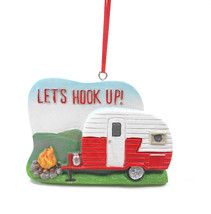 Red and White Lets Hook Up Camper trailer Ornament With Campfire NWT&#39;s - £8.49 GBP