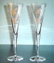 Riedel Nachtmann Gold Etched Champagne Flutes Pair Heart Rose Wedding Toast - $34.55