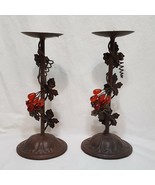 Pair Metal Candle Stick Holders Embellished with Ivy Leaves Berries 11&quot; - £23.79 GBP