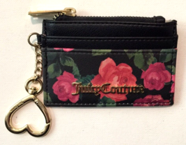 Juicy Couture wallet black with red roses 4 slots for cards and zip close middle - £11.25 GBP