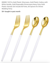 I00000 120 Pcs Gold Plastic Silverware, Gold Plastic Cutlery with White ... - £18.37 GBP